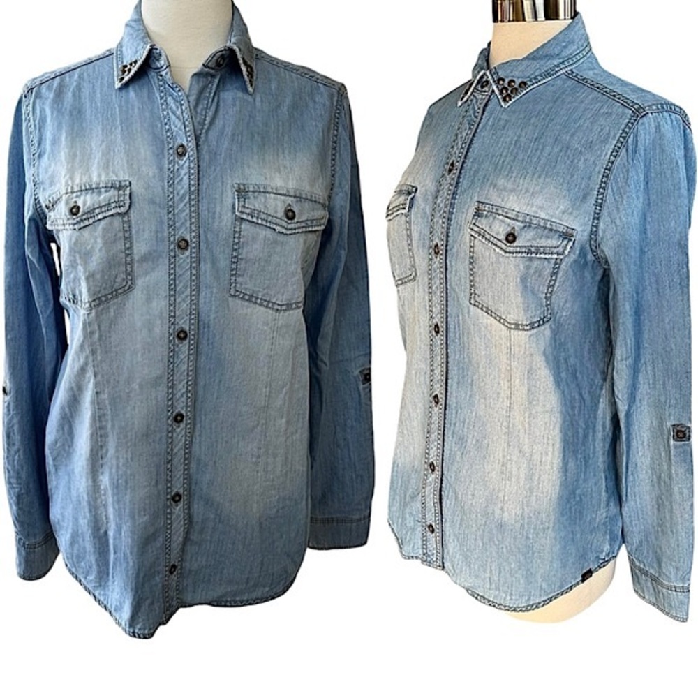 Rock & Republic Women’s Denim Shirt Jacket Studded Collar Button Up Top Sz Large